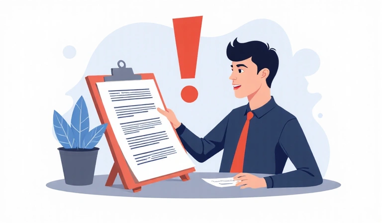 Ilustración de una persona leyendo un contrato con un signo de exclamación grande, simbolizando la importancia de entender los términos y la limitación de responsabilidad.
